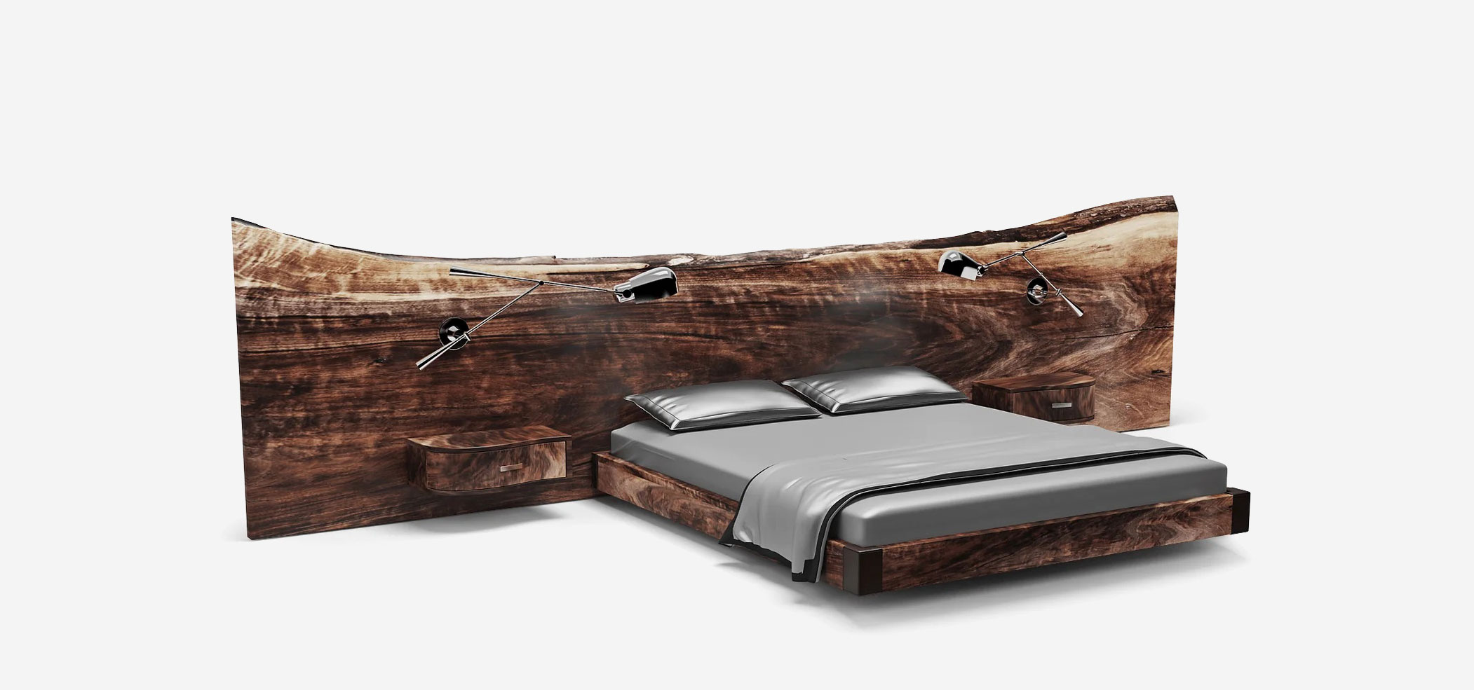 Cama con espaldar en madera con chapa exótica en vista lateral