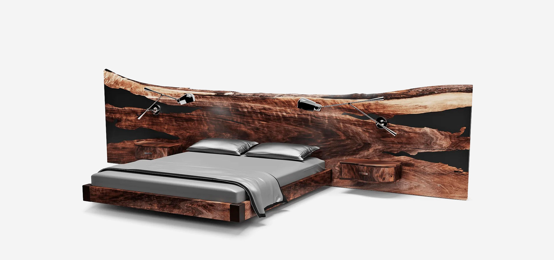 Vista lateral de cama con espaldar en madera con chapa exótica